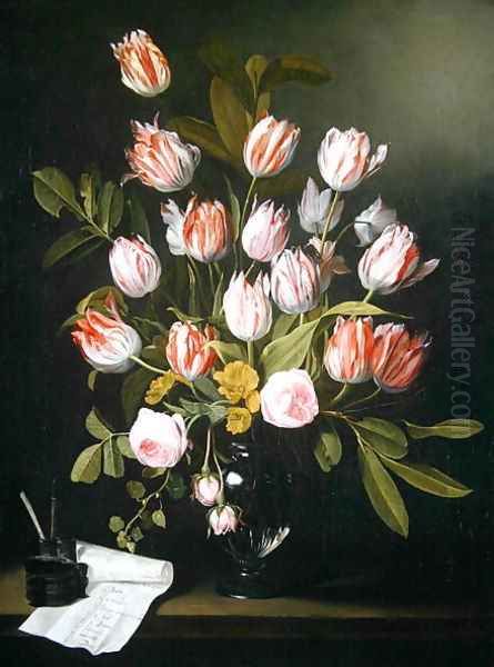 Tulips, yellow and pink roses in a glass vase Oil Painting by Jan Philip van Thielen