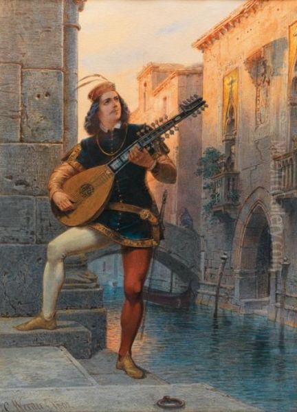 Joueur De Mandoline E Venise Oil Painting by Carl Friedrich H. Werner