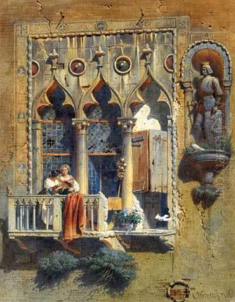 A Venetian Balcony Oil Painting by Carl Friedrich H. Werner