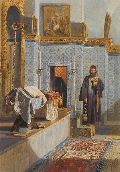 An Oriental Orthodox Priest; A Pair Of Chapel Interiors, A Set Of Three Oil Painting by Carl Friedrich H. Werner