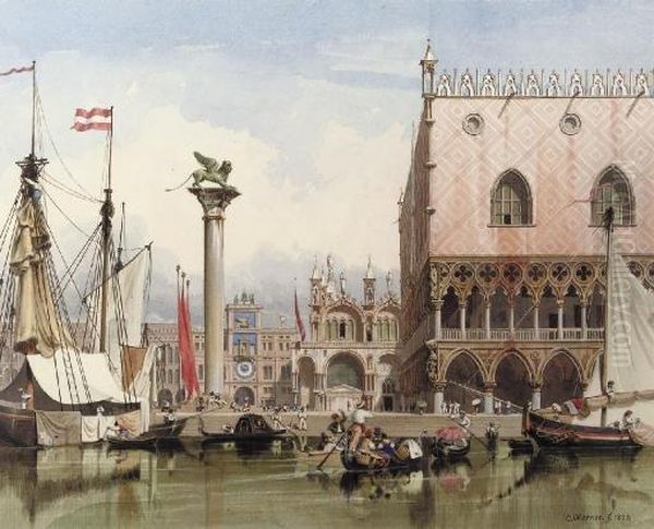 Sailingvessels Moored By The Doge's Palace, Venice Oil Painting by Carl Friedrich H. Werner