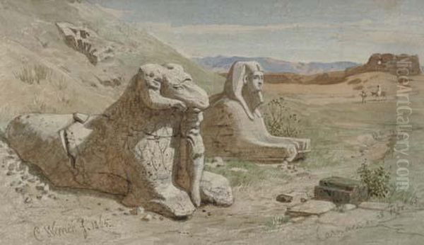 A Ram's Head Sphinx At The Temple Of Amun, Karnak Oil Painting by Carl Friedrich H. Werner