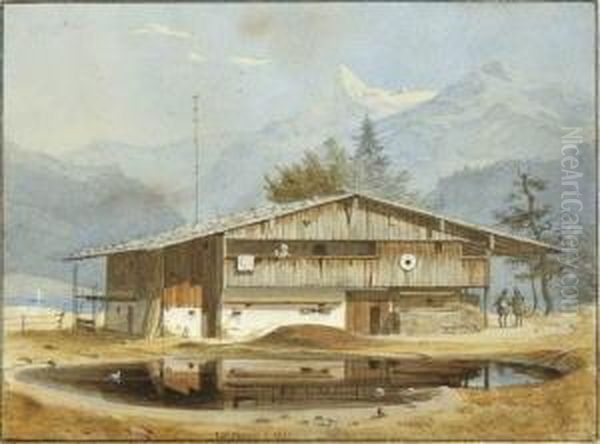 Bauernhaus In
 Gebirgslandschaft. Oil Painting by Carl Friedrich H. Werner