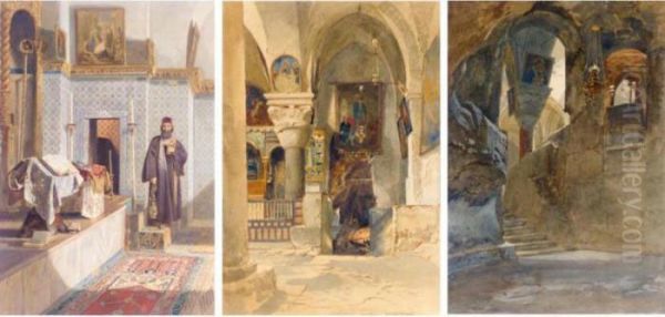 Three Middle Eastern Church Interiors Oil Painting by Carl Friedrich H. Werner