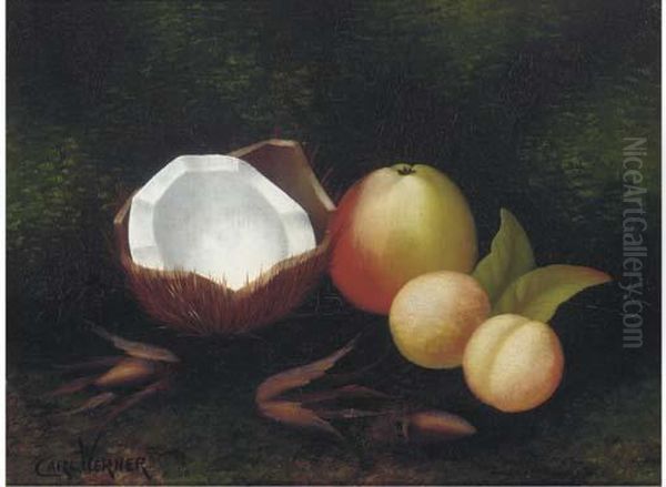 Coconut With An Apple And Plums; And Another Similar Oil Painting by Carl Friedrich H. Werner