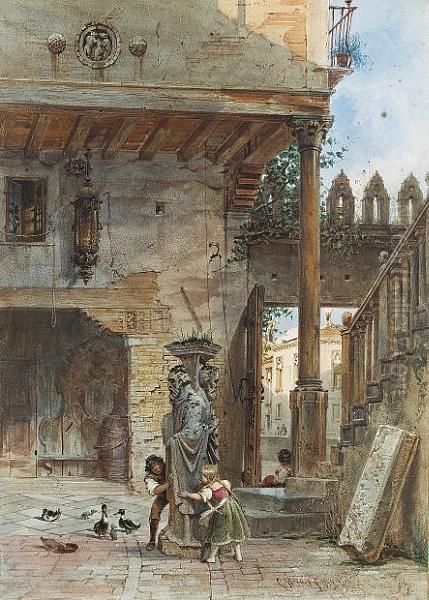 A Venetian Street Scene Oil Painting by Carl Friedrich H. Werner