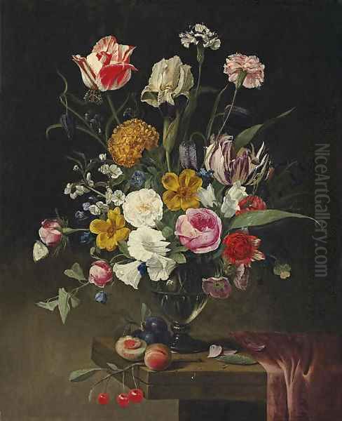 Roses, tulips, carnations and an iris in a glass vase on a draped stone ledge Oil Painting by Jan Philip van Thielen