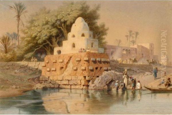 Figures By A Riverside Temple Oil Painting by Carl Friedrich H. Werner