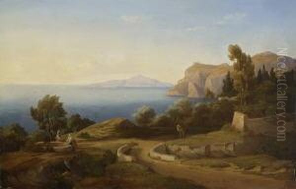 Italienische
 Kustenlandschaft. Oil Painting by Carl Friedrich H. Werner