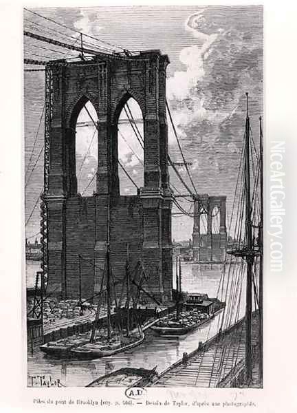 Brooklyn Bridge Under Construction, drawn after a photograph, 1878 Oil Painting by T. Taylor