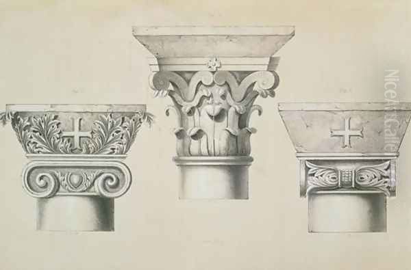 Byzantine capitals from columns in the nave of the church of St. Demetrius in Thessalonica, pub. by Day & Son Oil Painting by Texier, Charles Felix Marie