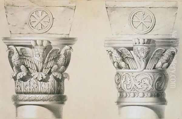 Byzantine capitals from columns in the nave of the church of St. Demetrius in Thessalonica, pub. by Day & Son 2 Oil Painting by Texier, Charles Felix Marie