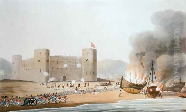 The Attack on the Fort of Luft, November 27th 1809, from Sixteen Views of Places in the Persian Gulph, taken in the Years 1809-10 illustrative of the Proceedings of the Forces employd on the expedition sent from Bombay, engraved by I. Clark, published Oil Painting by Temple, R.