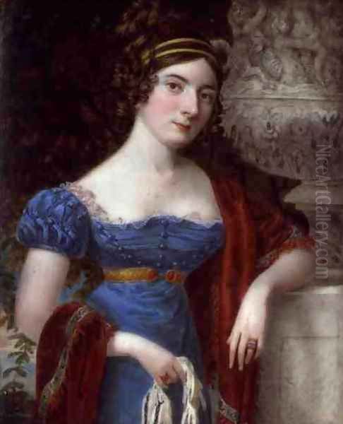 Lady in a Lace Bordered Blue Dress Oil Painting by Lorenzo Thewenti