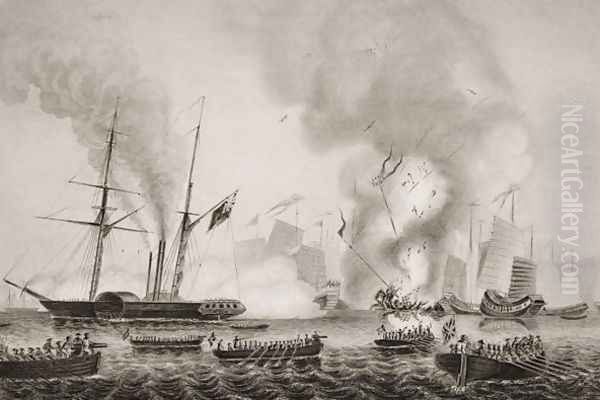 The Hon. East India Companys steamer Nemesis and the boats of The Sulpher, Calliope,Larne and Starling destroying the Chinese war junks in Ansons Bay. January 7, 1841, illustration from Englands Battles by Sea and Land by Lieut. Col. Williams Oil Painting by G.W. Terry