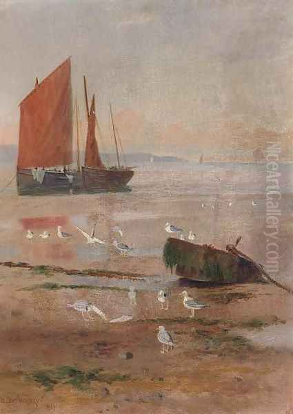 Seagulls on beach at low tide with fishing boats on the shore Oil Painting by Henry Spernon Tozer