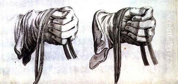 Study of two gloved hands holding the reins of a double bridle from New Treatise for Breeding Horses written by Winters, Stuterey and Reit-Schul, pub. 1672 Oil Painting by Peter Paul Troschel