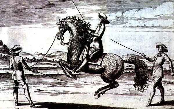 Illustration of a horse en Croupade from New Treatise for Breeding Horses written by Winters, Stuterey and Reit-Schul, pub. 1672 Oil Painting by Peter Paul Troschel