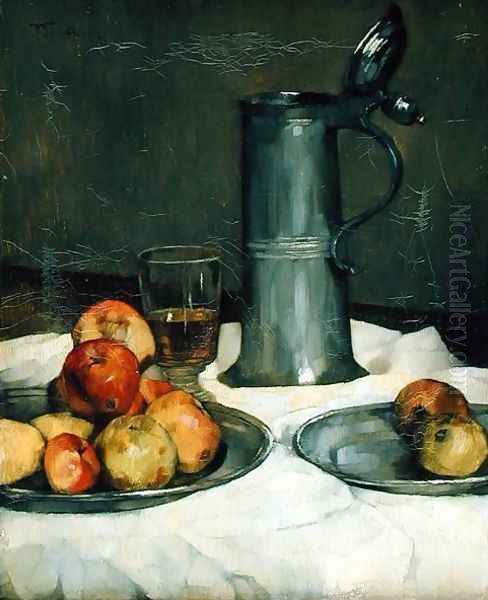 Still life with apples and pewter jug, 1878 Oil Painting by Heinrich Wilhelm Truebner