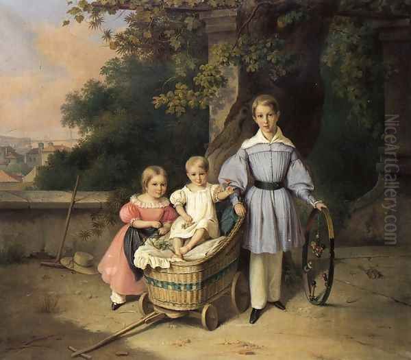 Children on a Balcony, Trieste in the Distance Oil Painting by August Anton Tischbein