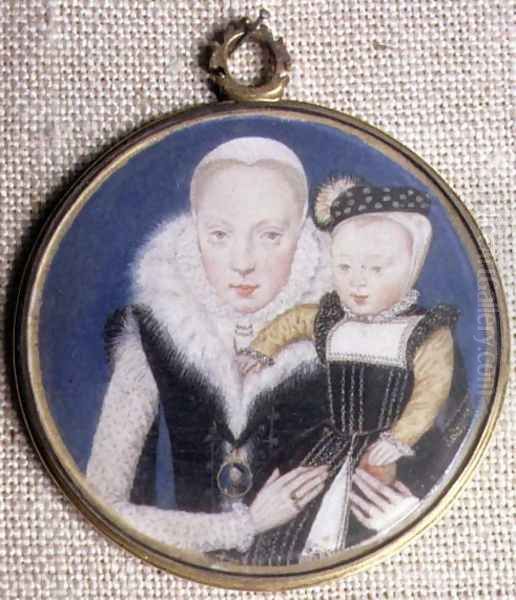 Portrait miniature of Lady Katherine Seymour, nee Grey c.1538-68 Countess of Hertford, holding her infant son and wearing her husbands miniature, c.1562 Oil Painting by Lievine Teerlink