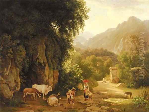 An Italianate landscape with travellers and peasants on a mountain track, others praying in front of a chapel beyond Oil Painting by Lievine Teerlink