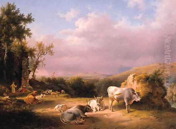 Buffaloes in the Roman Campagna at sunset with cattle, shepherds and tavellers by a ruined wall beyond Oil Painting by Lievine Teerlink