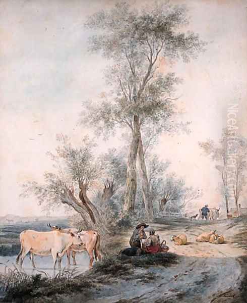 Herdsmen watering their cattle by a wooded road Oil Painting by Lievine Teerlink