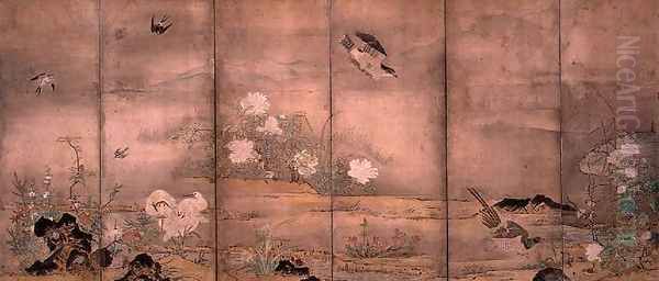 Birds and Flowers in a Landscape, left screen, 1575 Oil Painting by Hagetsu Tosatsu