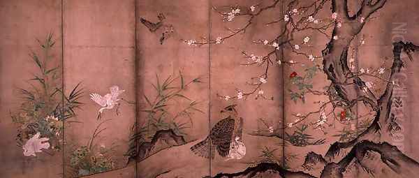 Birds and Flowers in a Landscape, right screen, 1575 Oil Painting by Hagetsu Tosatsu