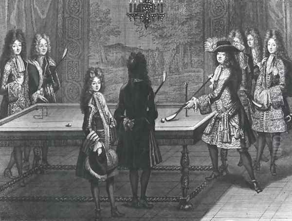 Louis XIV 1638-1715 playing billiards with Philippe I (1640-1701) Duke of Orleans, the Count of Toulouse, the Duke of Vendome, Monsieur dArmagnac and Monsieur de Chamillard, 1694 Oil Painting by Antoine Trouvain