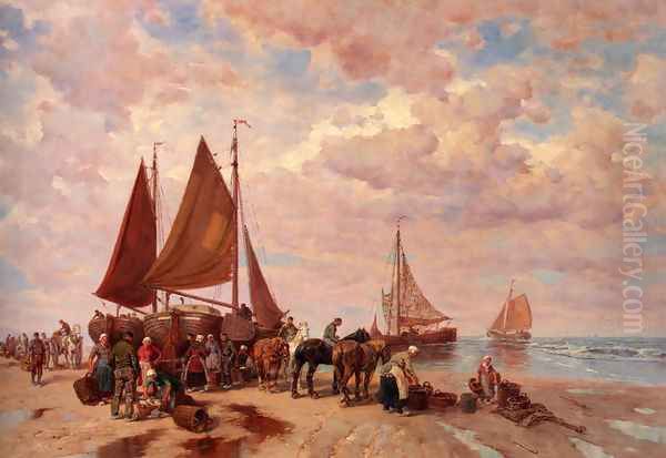 A Coastal Scene Wih Fisherfolk Sorting The Day's Catch, Beached Oil Painting by Desire Thomassin