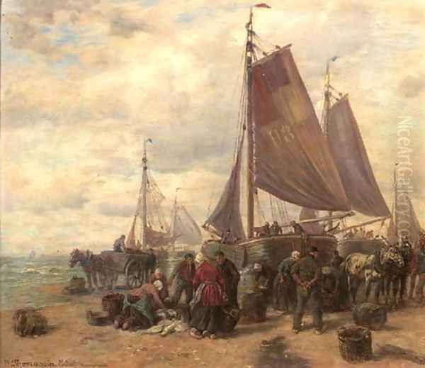 Sorting the catch on the beach of Dunkirk Oil Painting by Desire Thomassin