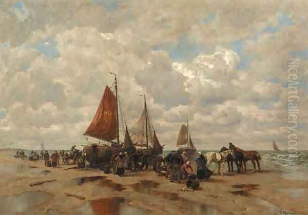 A beachscene with fisherfolk sorting the catch Oil Painting by Desire Thomassin