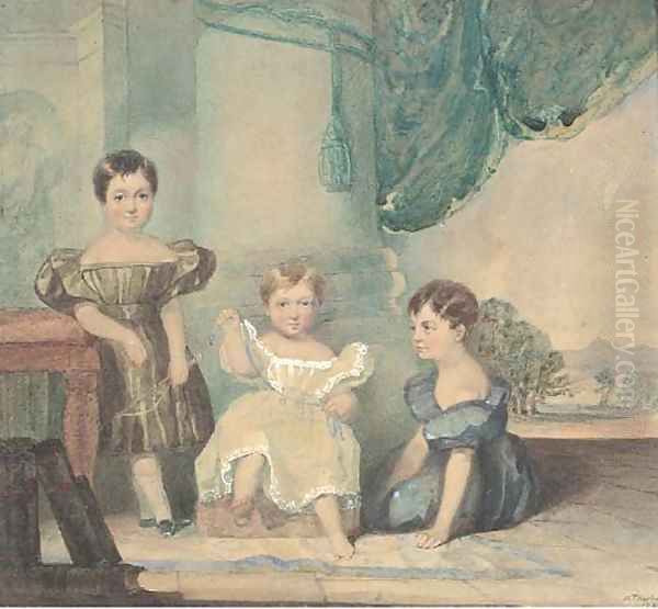 Group portait of three children, seated by a pillar, a landscape beyond Oil Painting by Robert Thorburn