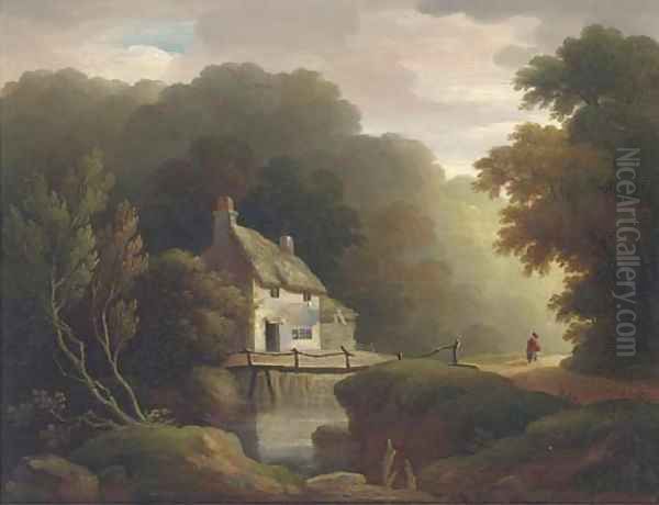 Figure by a cottage in a woodland landscape Oil Painting by John Wallace Tucker