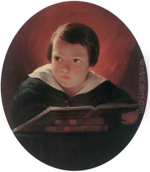 Boy Reading 1843 Oil Painting by Albert Tikos