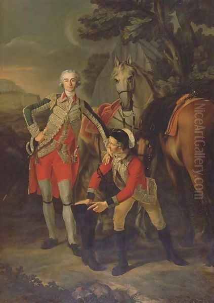 Portrait of Charles Grant, vicomte de Vaux, in uniform as a Lieutenant Colonel of the Garde du Roi, attended by his groom with their horses Oil Painting by Louis Rolland Trinquesse