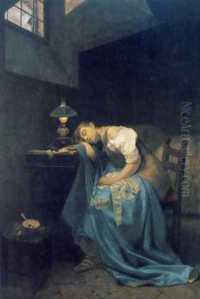 A Tired Seamstress Oil Painting by Angelo Trezzini