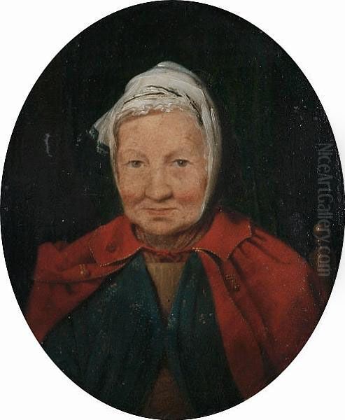 Portrait Of An Elderly Lady, 
Bust-length, In A Blue Dress With A Red Cape And A White Lace Cap Oil Painting by Benjamin West