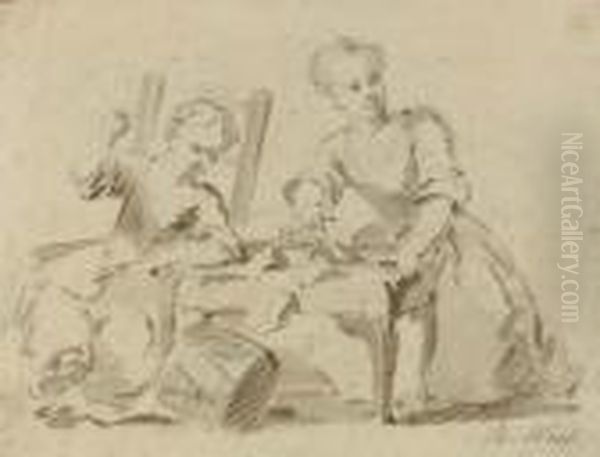 Study Of Two Children With A Drum Oil Painting by Benjamin West