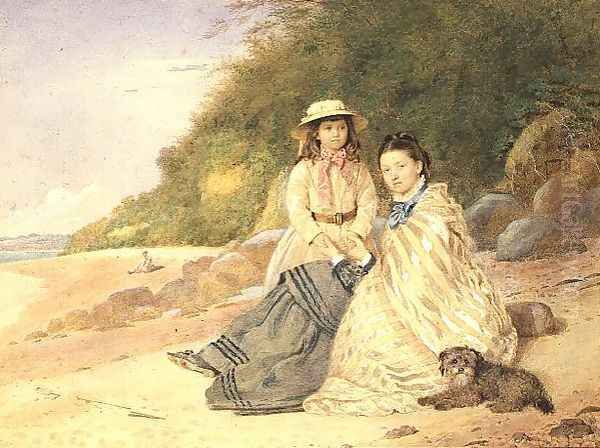 Mother and Daughter with Dog Oil Painting by Alfred Tidey