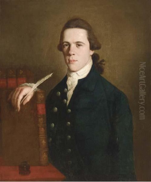 Portrait Of A Young Lawyer, 
Three-quarter Length, In An Interiorwith Books And A Quill Pen Oil Painting by Benjamin West