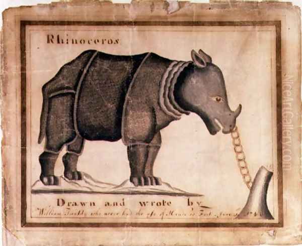 Rhinoceros, drawn and wrote by William Twiddy who never had the use of hands or feet, June 1st 1744 Oil Painting by William Twiddy