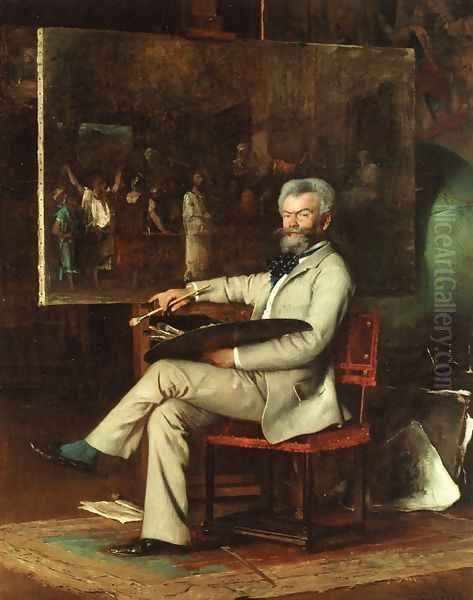 The Artist Munkaczy in his Studio Oil Painting by Hans Temple