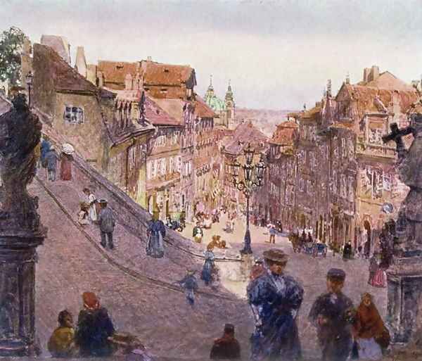 Nerudova Ulice, Prague, 1909 Oil Painting by Heinrich Tomec