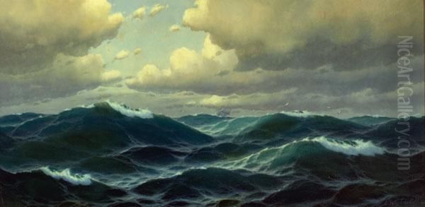 Coastal Waves With Distant Clipper Ship Oil Painting by Constantin Alexandr. Westchiloff