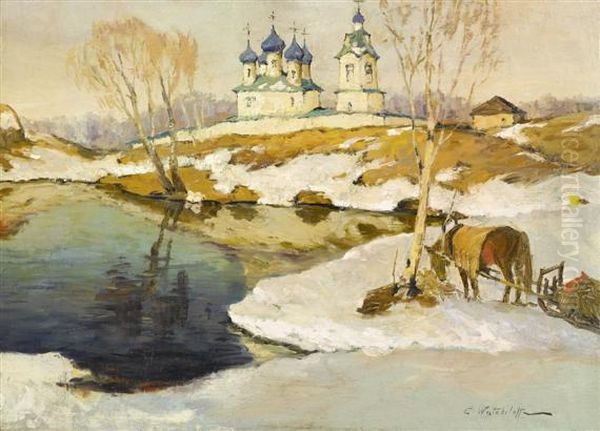 Winter Landscape With View Of A Church Oil Painting by Constantin Alexandr. Westchiloff