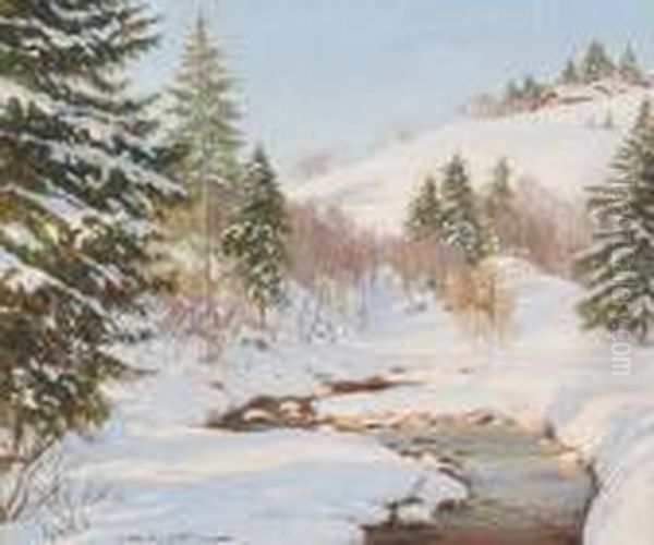 Snowy Stream In A Winter Landscape Oil Painting by Constantin Alexandr. Westchiloff