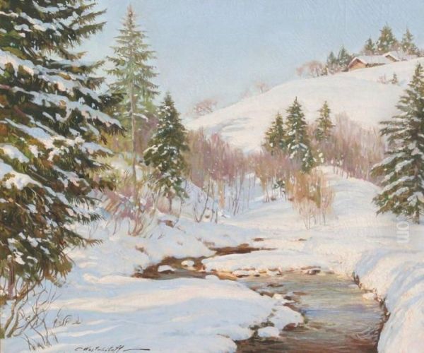 Snowy Stream In A Winterlandscape Oil Painting by Constantin Alexandr. Westchiloff